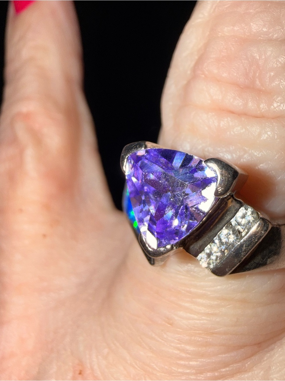 Vintage AK 925 Sterling Silver Amethyst, Opal Inlay & CZ Statement Ring - Picture 6 of 8